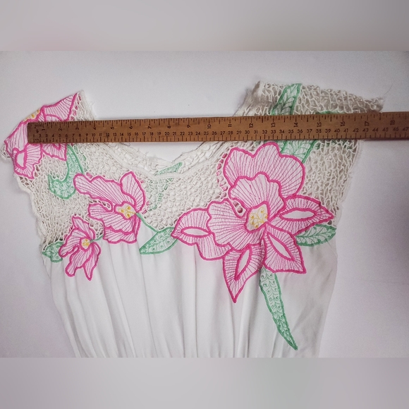 Vintage 80s Bali Pink White Crocheted Embroidered Floral Dress Womens XS - Picture 13 of 16